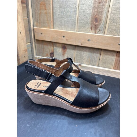 Clarks Womens Leather Black Wedge Sandals US 9 Comfortable Cushioned Sole - Picture 4 of 10